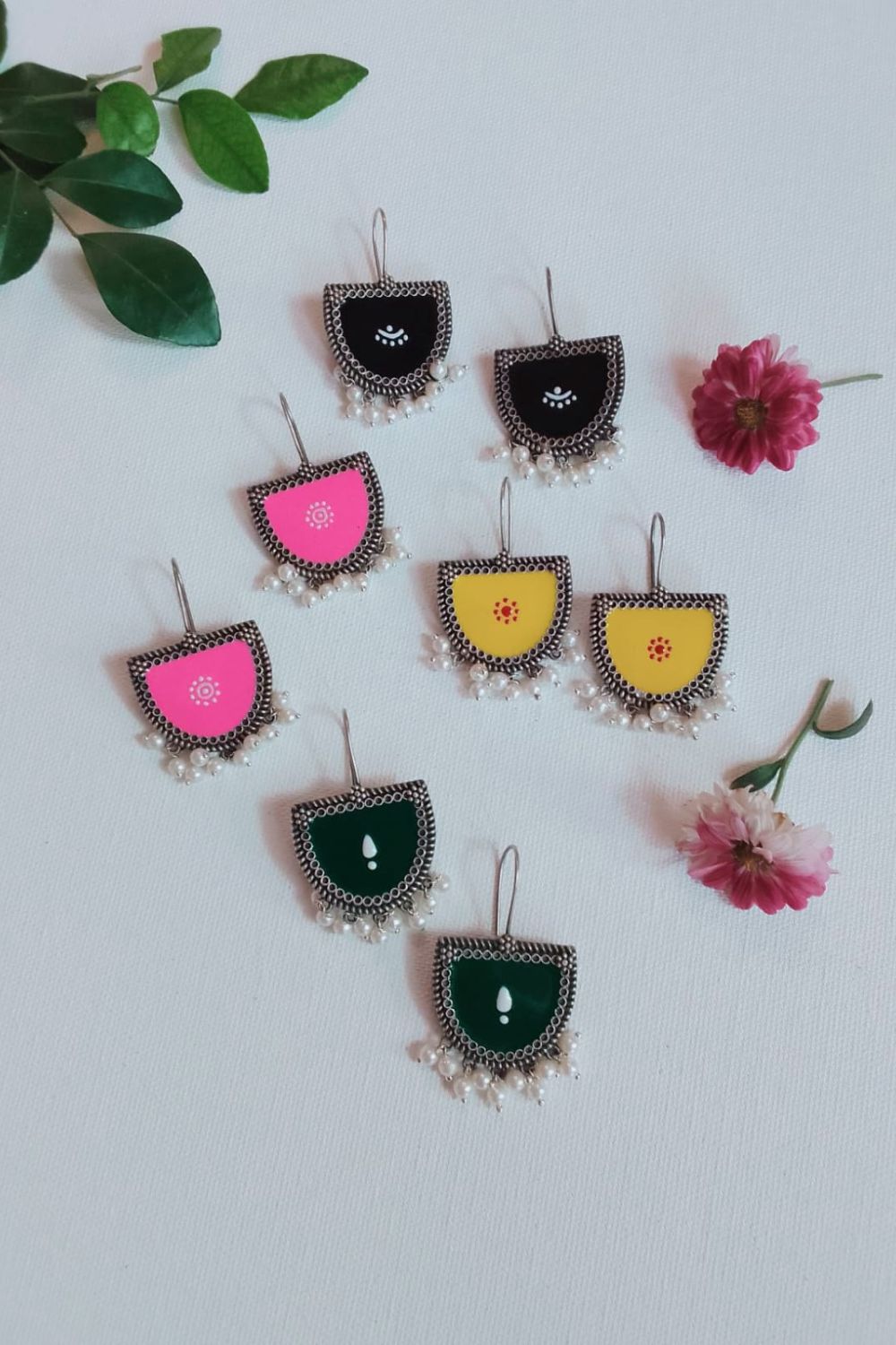 Aatmika (Yellow & Red) - Premium Quality Oxidised Danglers (Hand Painted)