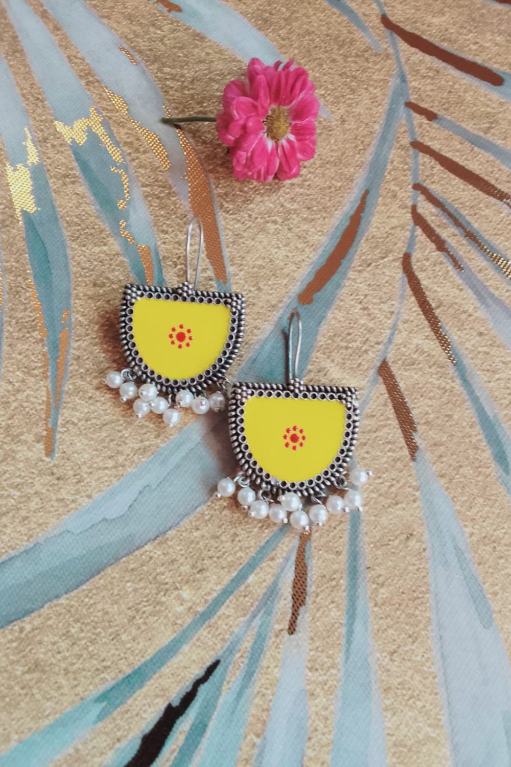 Aatmika (Yellow & Red) - Premium Quality Oxidised Danglers (Hand Painted)