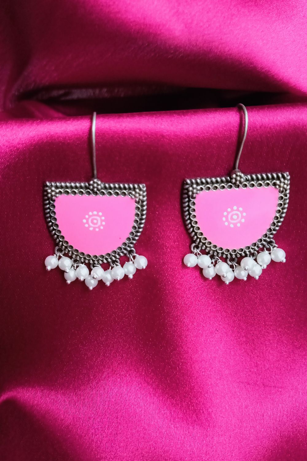 Aatmika (Pink & White) - Premium Quality Oxidised Danglers (Hand Painted)