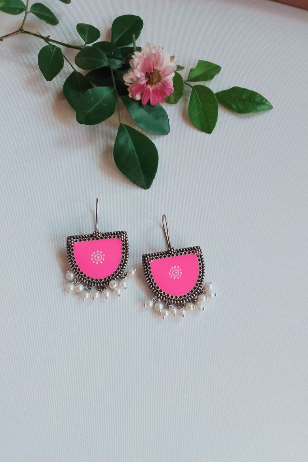 Aatmika (Pink & White) - Premium Quality Oxidised Danglers (Hand Painted)