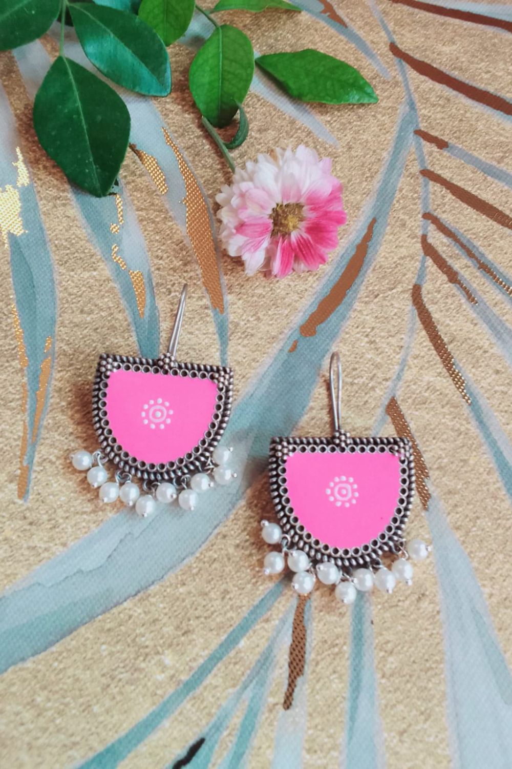 Aatmika (Pink & White) - Premium Quality Oxidised Danglers (Hand Painted)