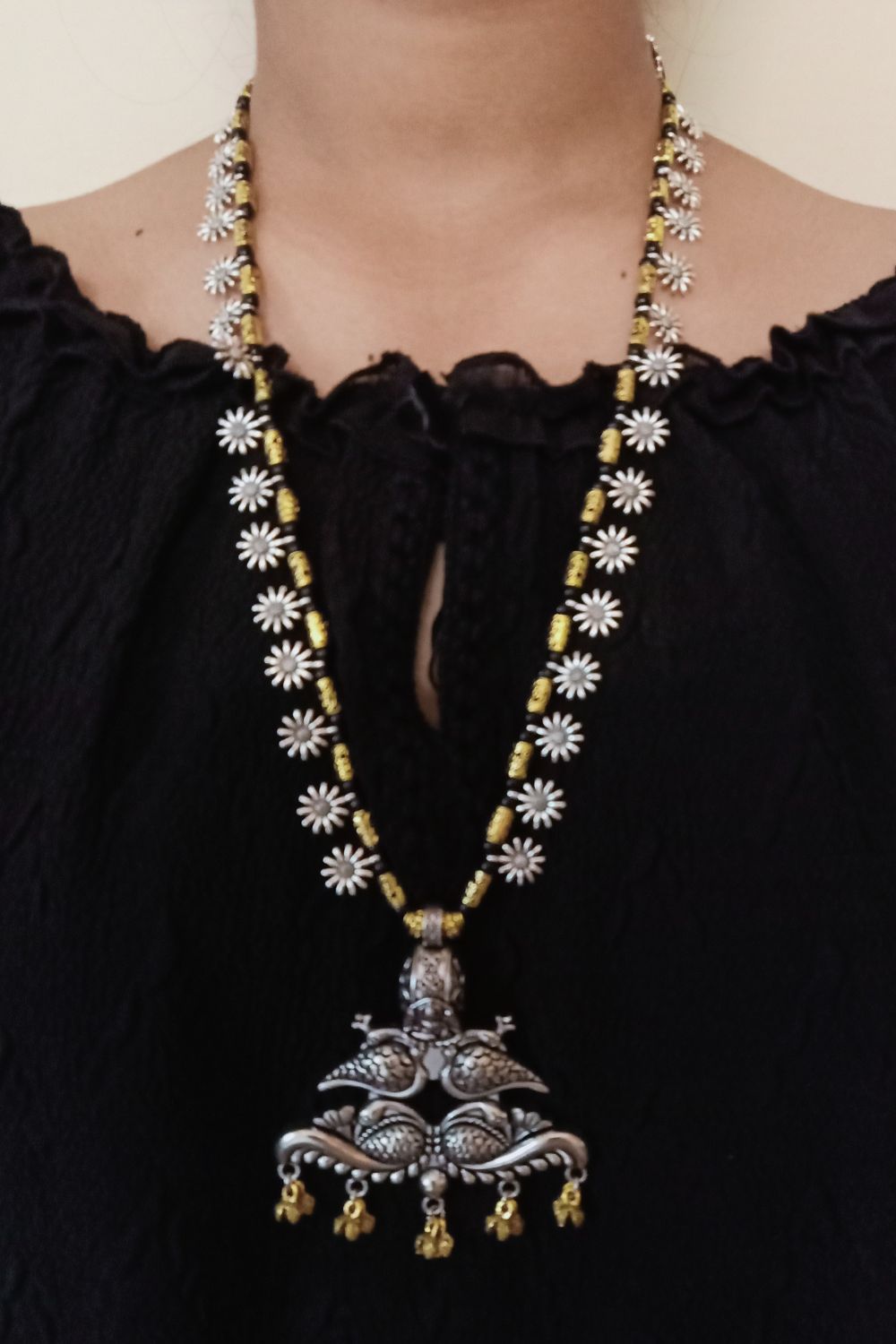 Chitra - Long Oxidised Dual-Tone Necklace with Pendant