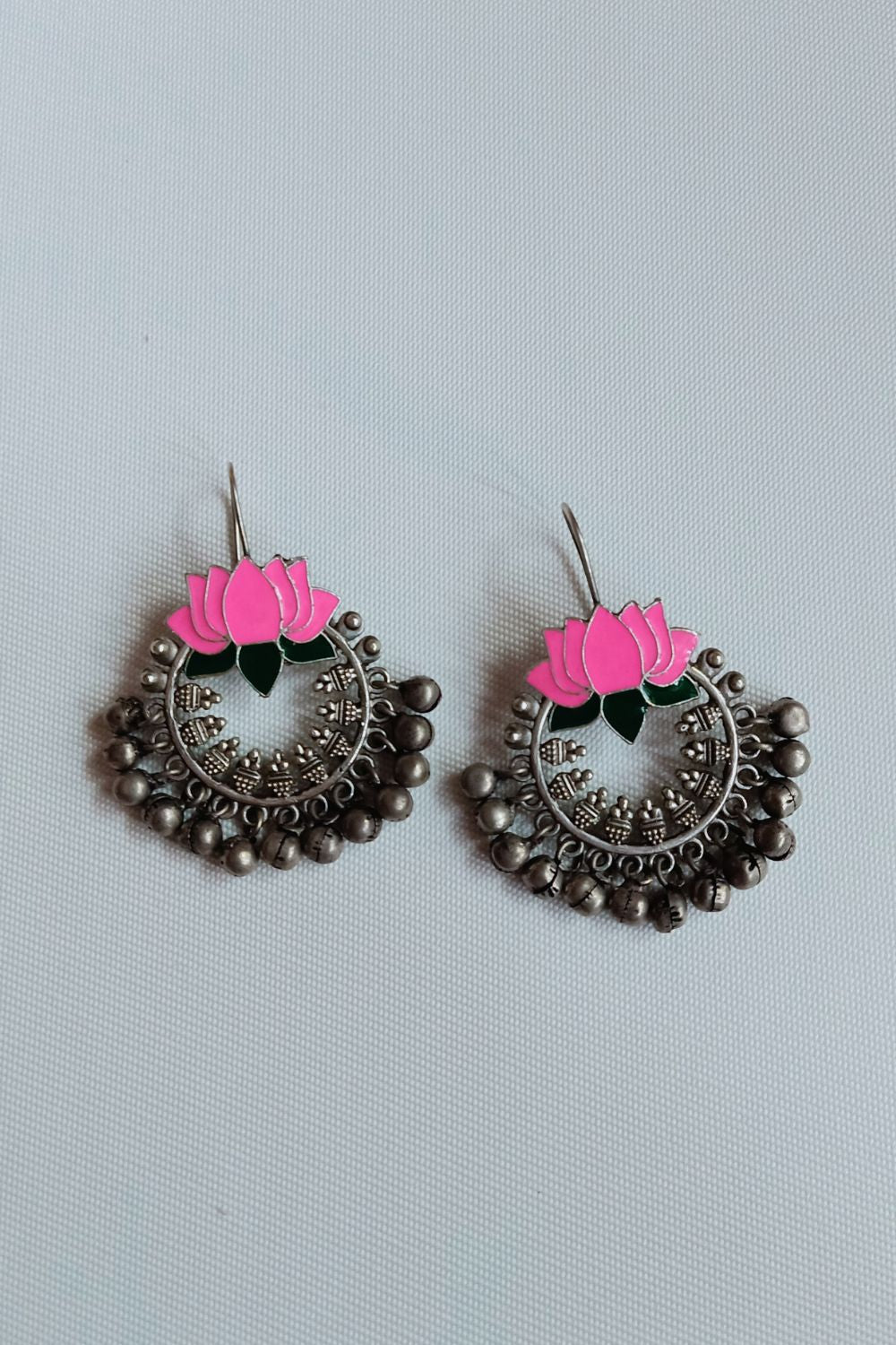 Himaani (Pink & Green) - Premium Quality Oxidised Chandbali (Hand Painted)