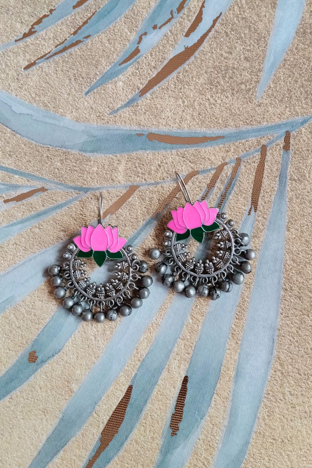 Himaani (Pink & Green) - Premium Quality Oxidised Chandbali (Hand Painted)