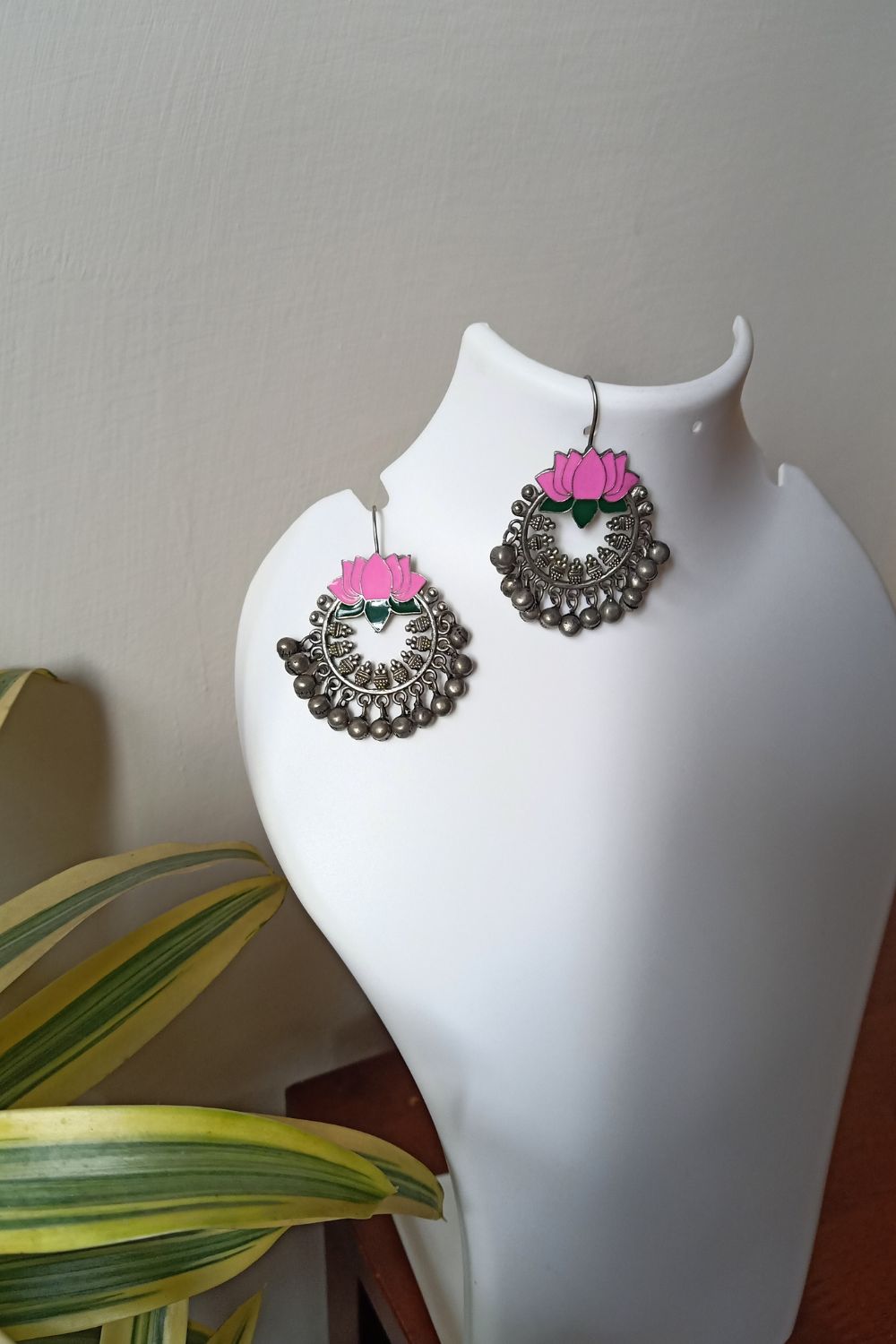 Himaani (Pink & Green) - Premium Quality Oxidised Chandbali (Hand Painted)