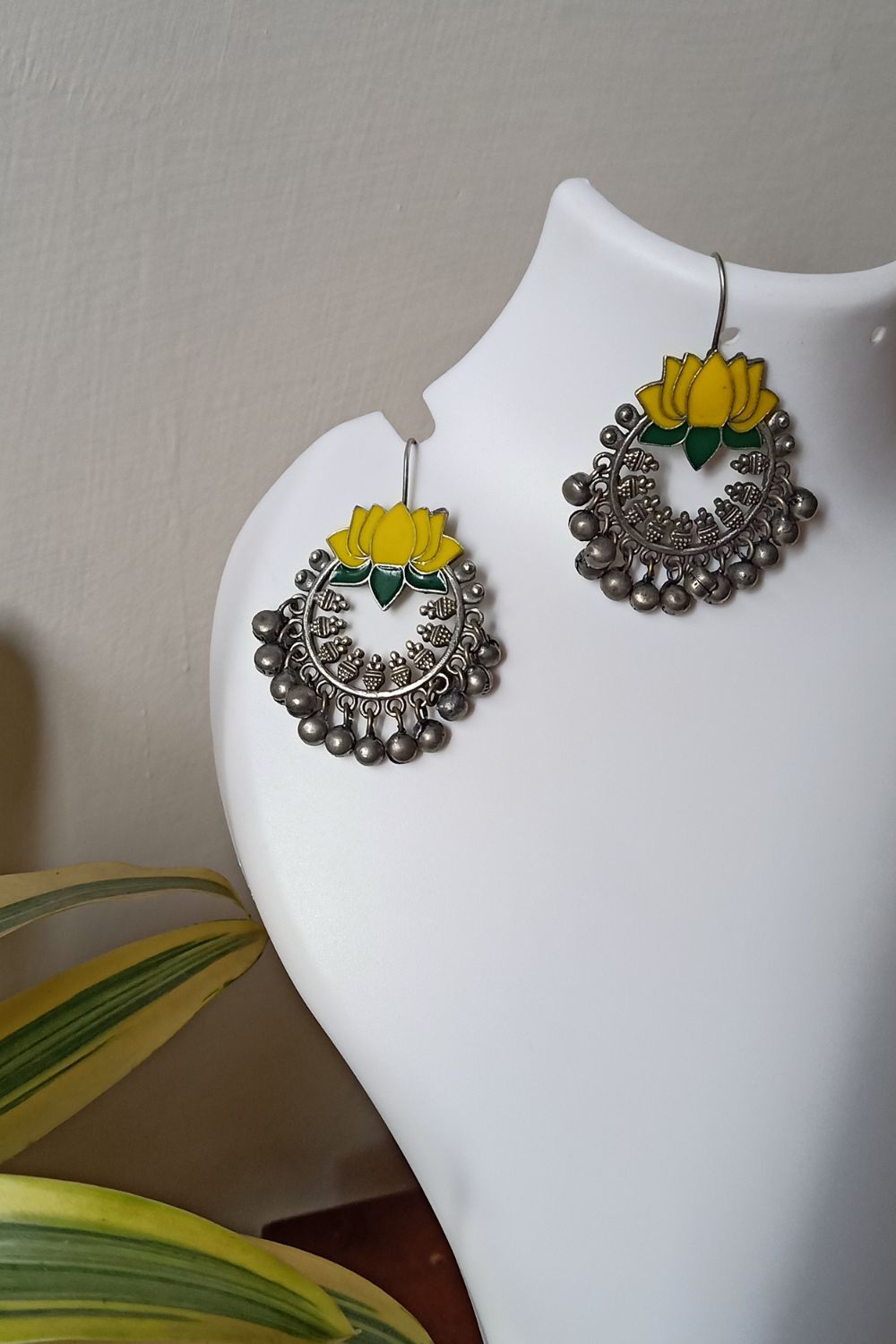Himaani (Yellow & Green) - Premium Quality Oxidised Chandbali (Hand Painted)