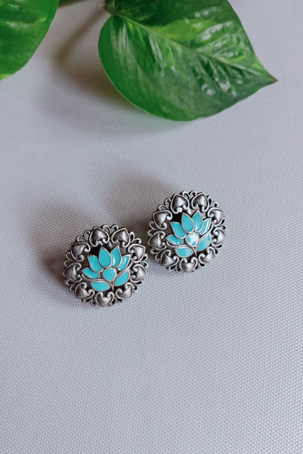 Iraa (Firozi) - Premium Quality Oxidised Stud (Hand Painted)