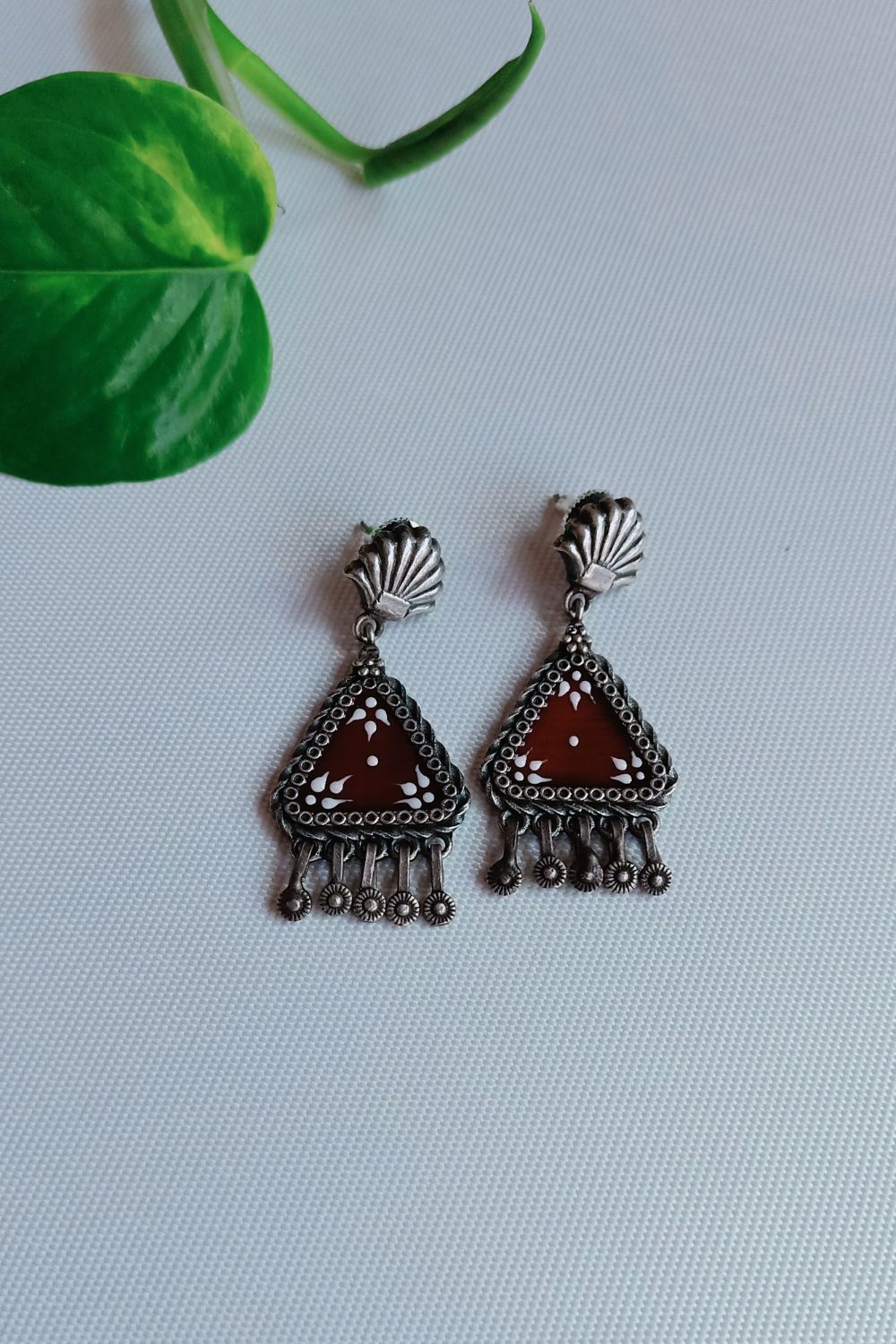 Lipikaa (Maroon & White) - Premium Quality Oxidised Danglers (Hand Painted)