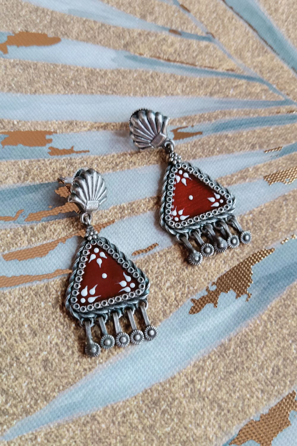 Lipikaa (Maroon & White) - Premium Quality Oxidised Danglers (Hand Painted)