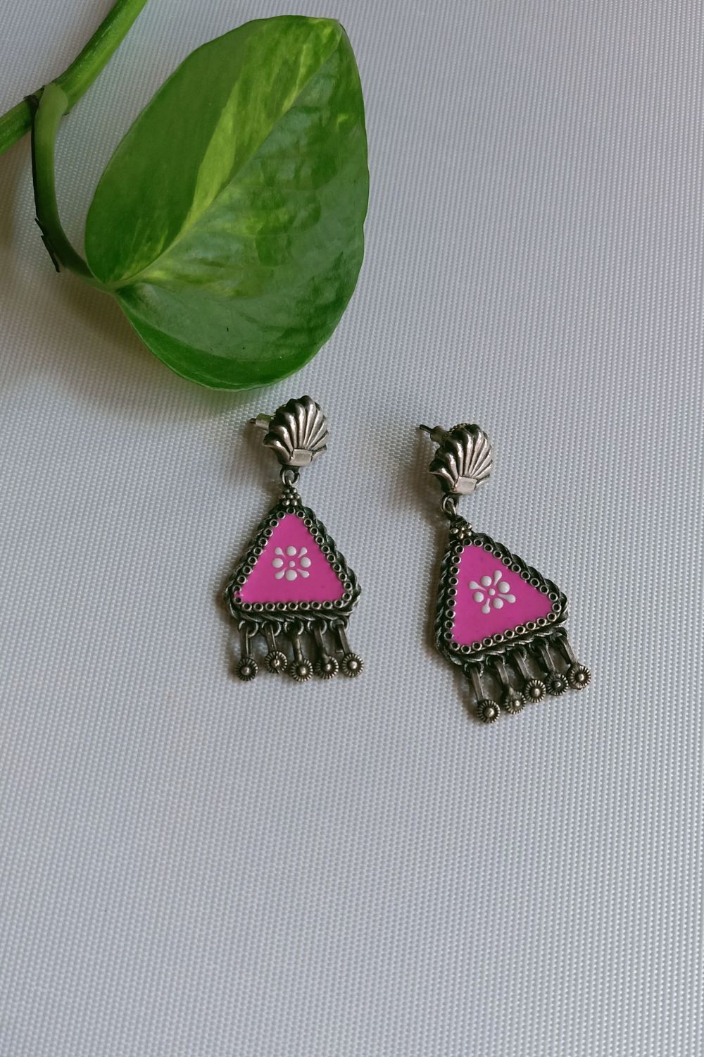 Lipikaa (Pink & White) - Premium Quality Oxidised Danglers (Hand Painted)