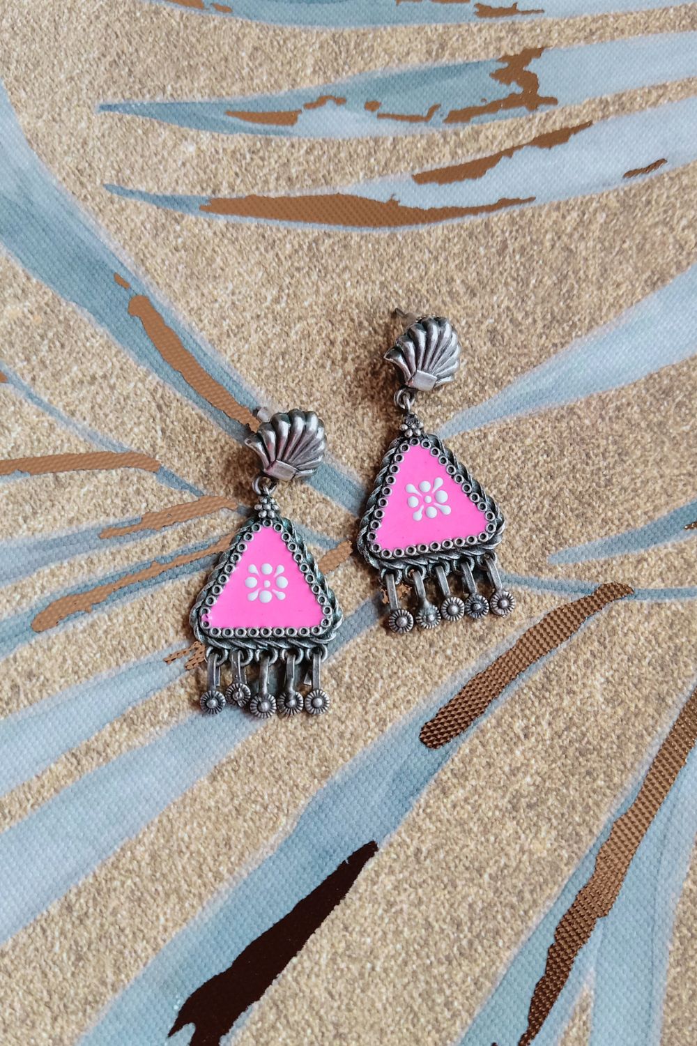 Lipikaa (Pink & White) - Premium Quality Oxidised Danglers (Hand Painted)