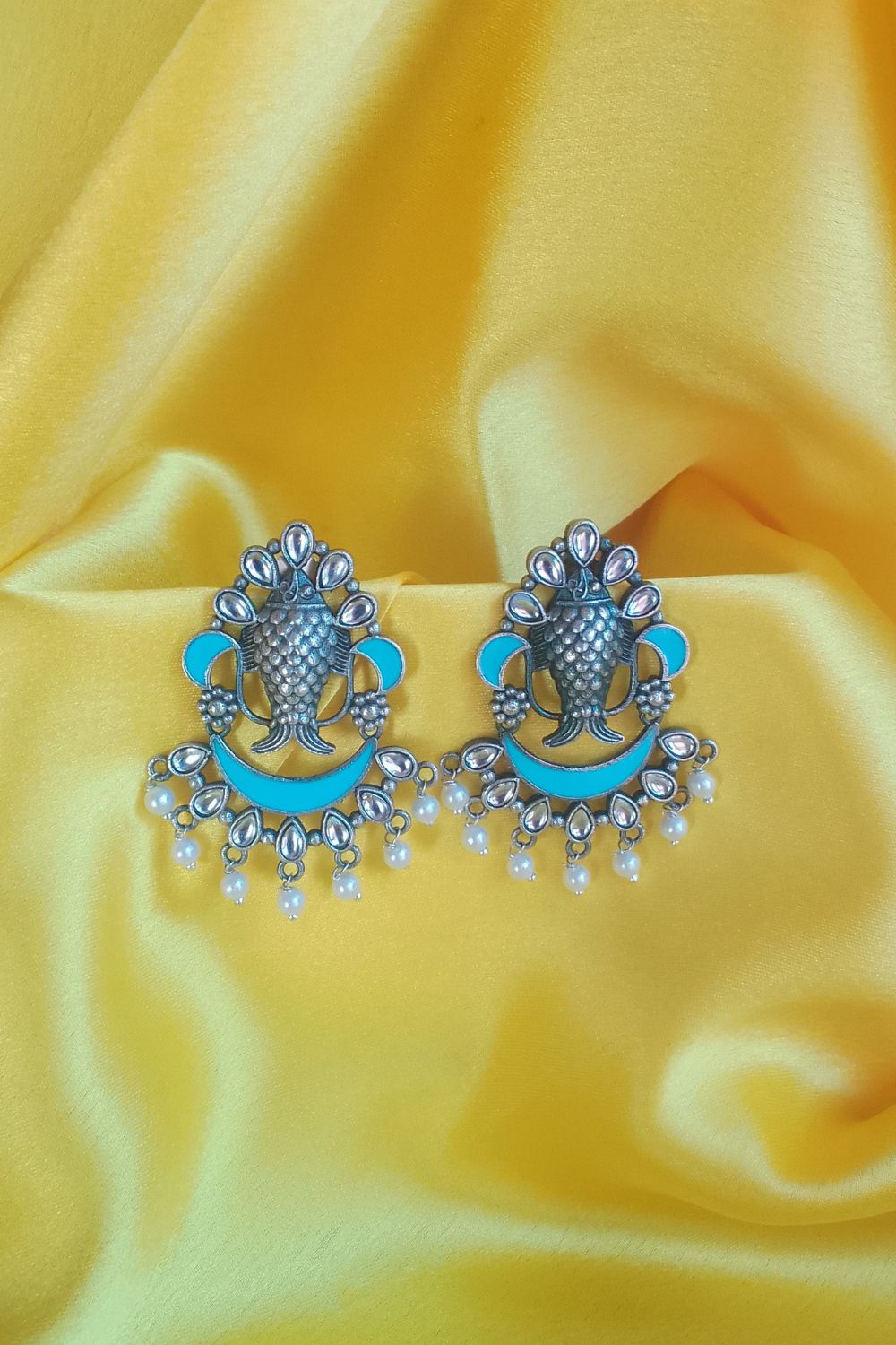 Meenakshi (Firozi) - Premium Quality Oxidised Chandbali (Hand Painted)