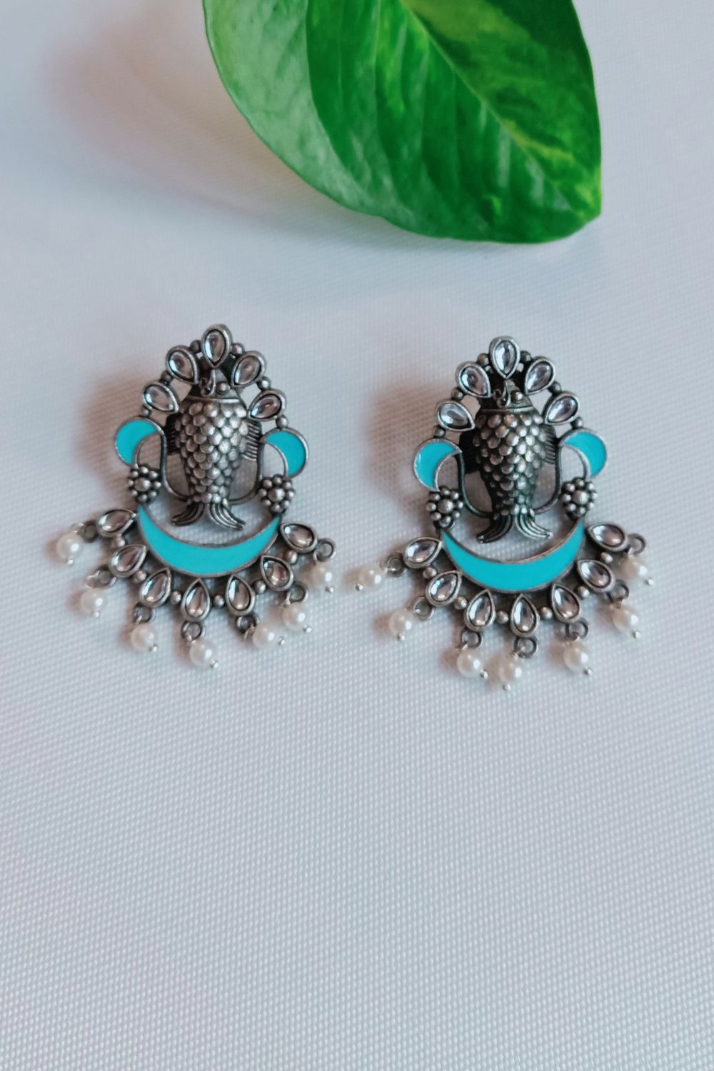 Meenakshi (Firozi) - Premium Quality Oxidised Chandbali (Hand Painted)