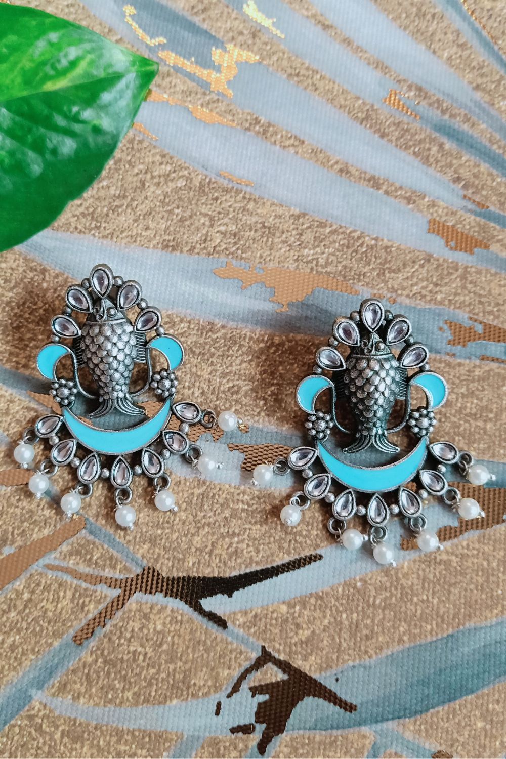 Meenakshi (Firozi) - Premium Quality Oxidised Chandbali (Hand Painted)
