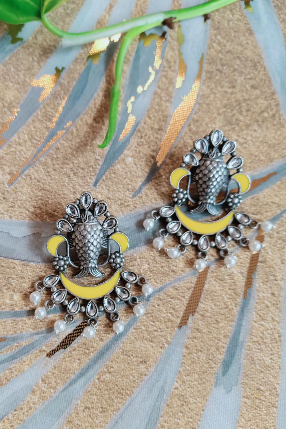Meenakshi (Yellow) - Premium Quality Oxidised Chandbali (Hand Painted)