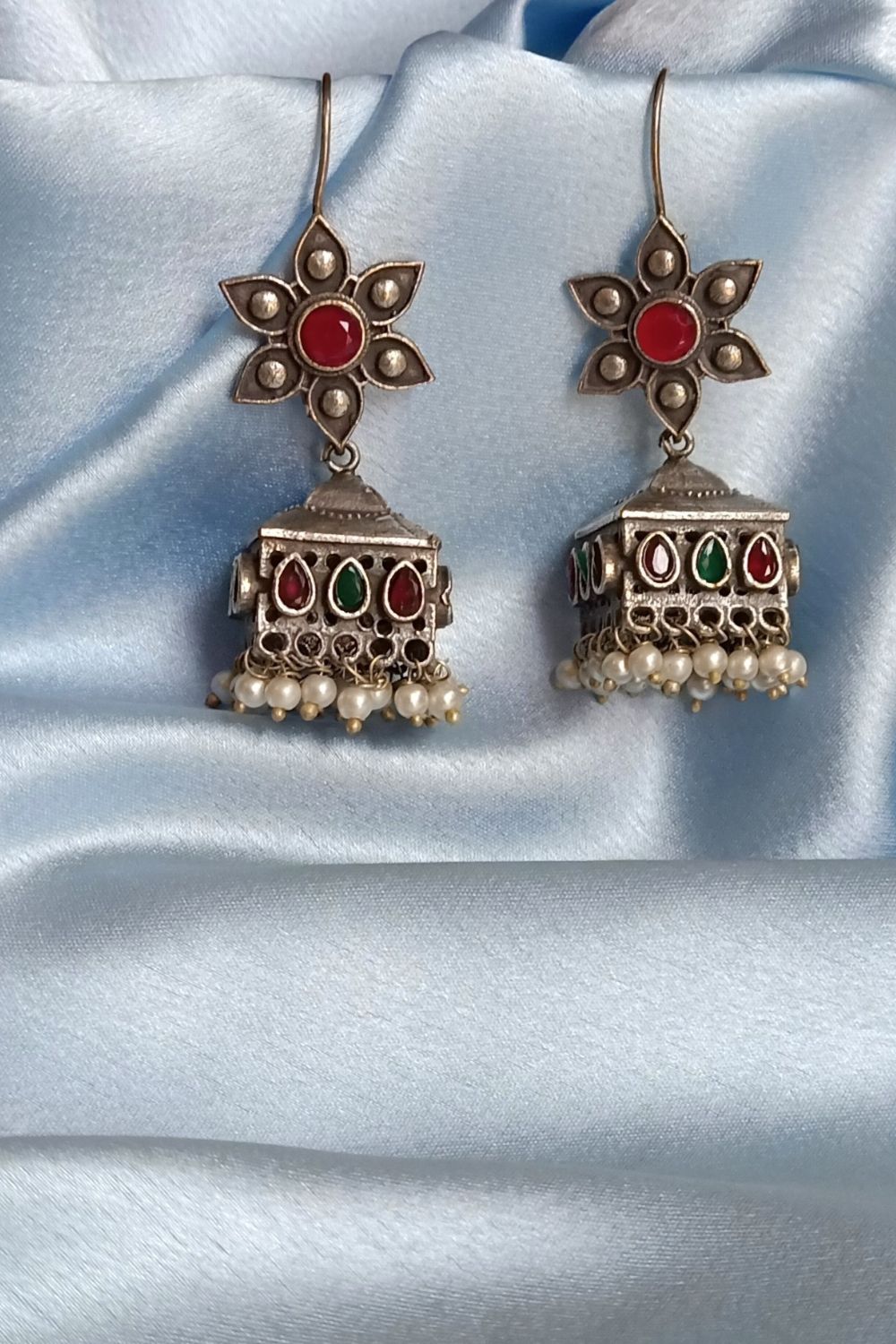 Aadvika (Red & Green) - Premium Quality Oxidised Jhumki