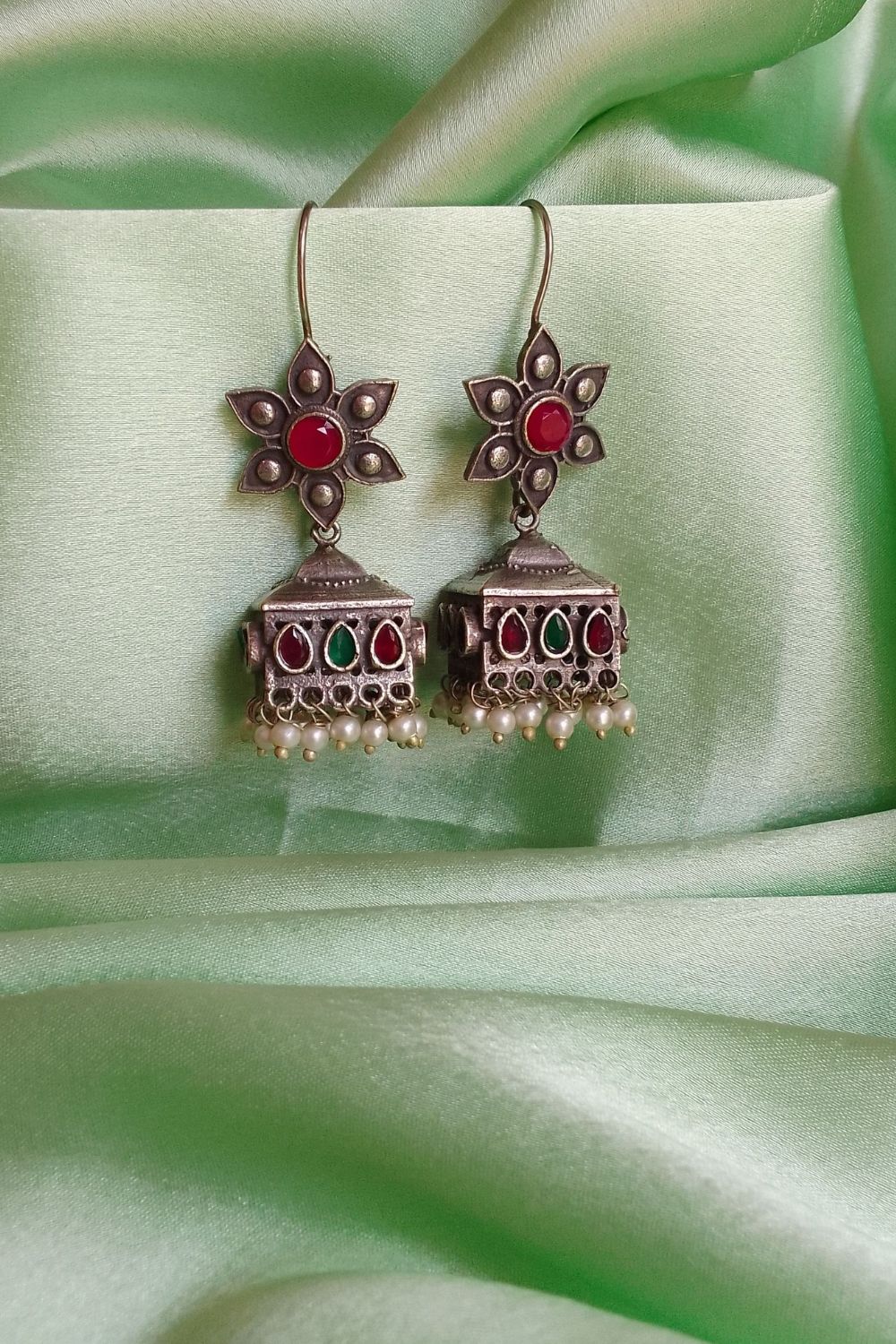 Aadvika (Red & Green) - Premium Quality Oxidised Jhumki