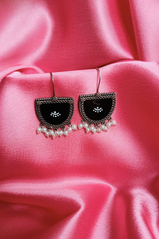 Aatmika (Black & White) - Premium Quality Oxidised Danglers (Hand Painted)