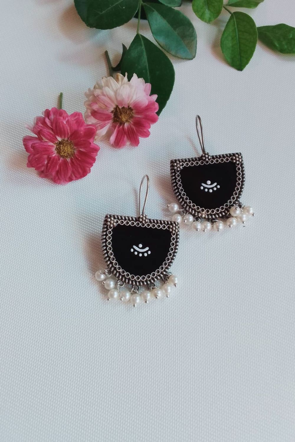 Aatmika (Black & White) - Premium Quality Oxidised Danglers (Hand Painted)