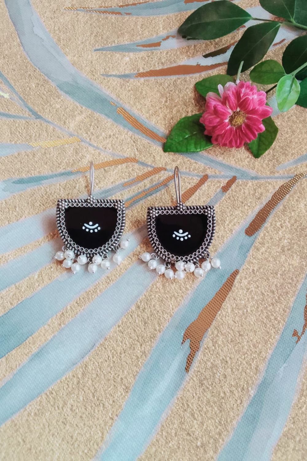 Aatmika (Black & White) - Premium Quality Oxidised Danglers (Hand Painted)