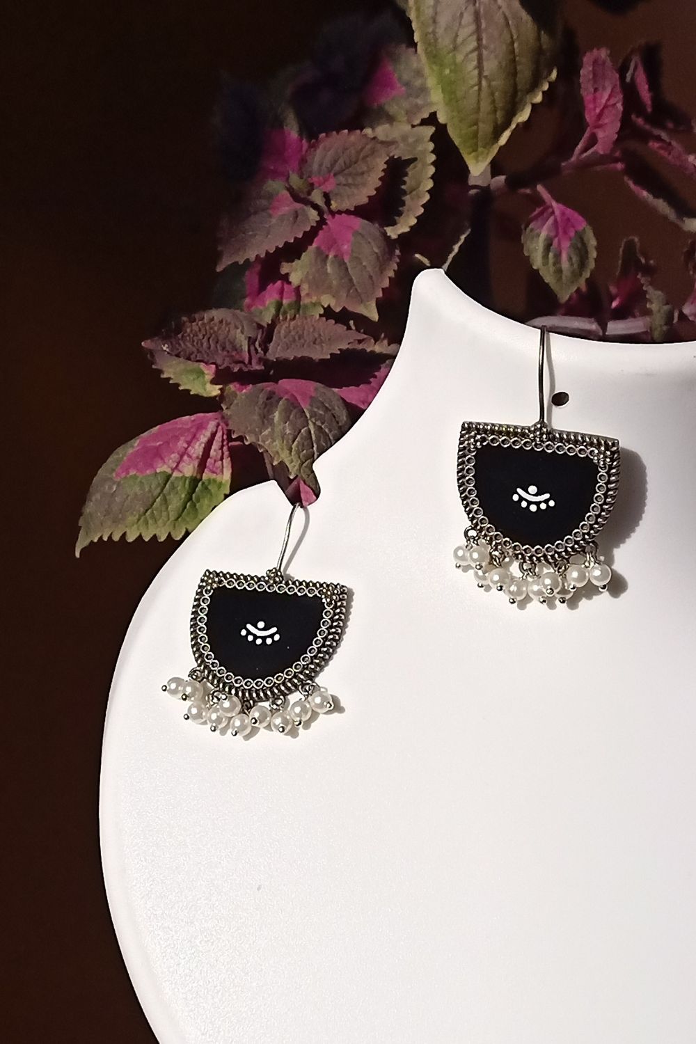Aatmika (Black & White) - Premium Quality Oxidised Danglers (Hand Painted)