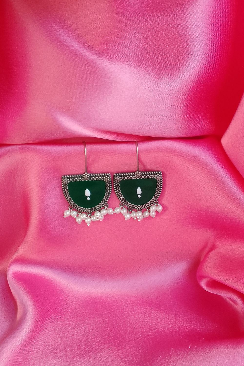Aatmika (Green & White) - Premium Quality Oxidised Danglers (Hand Painted)
