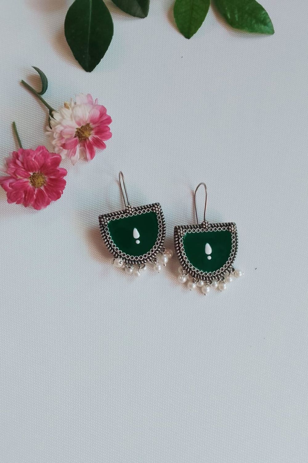 Aatmika (Green & White) - Premium Quality Oxidised Danglers (Hand Painted)