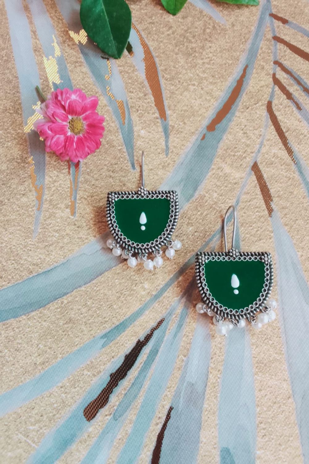 Aatmika (Green & White) - Premium Quality Oxidised Danglers (Hand Painted)