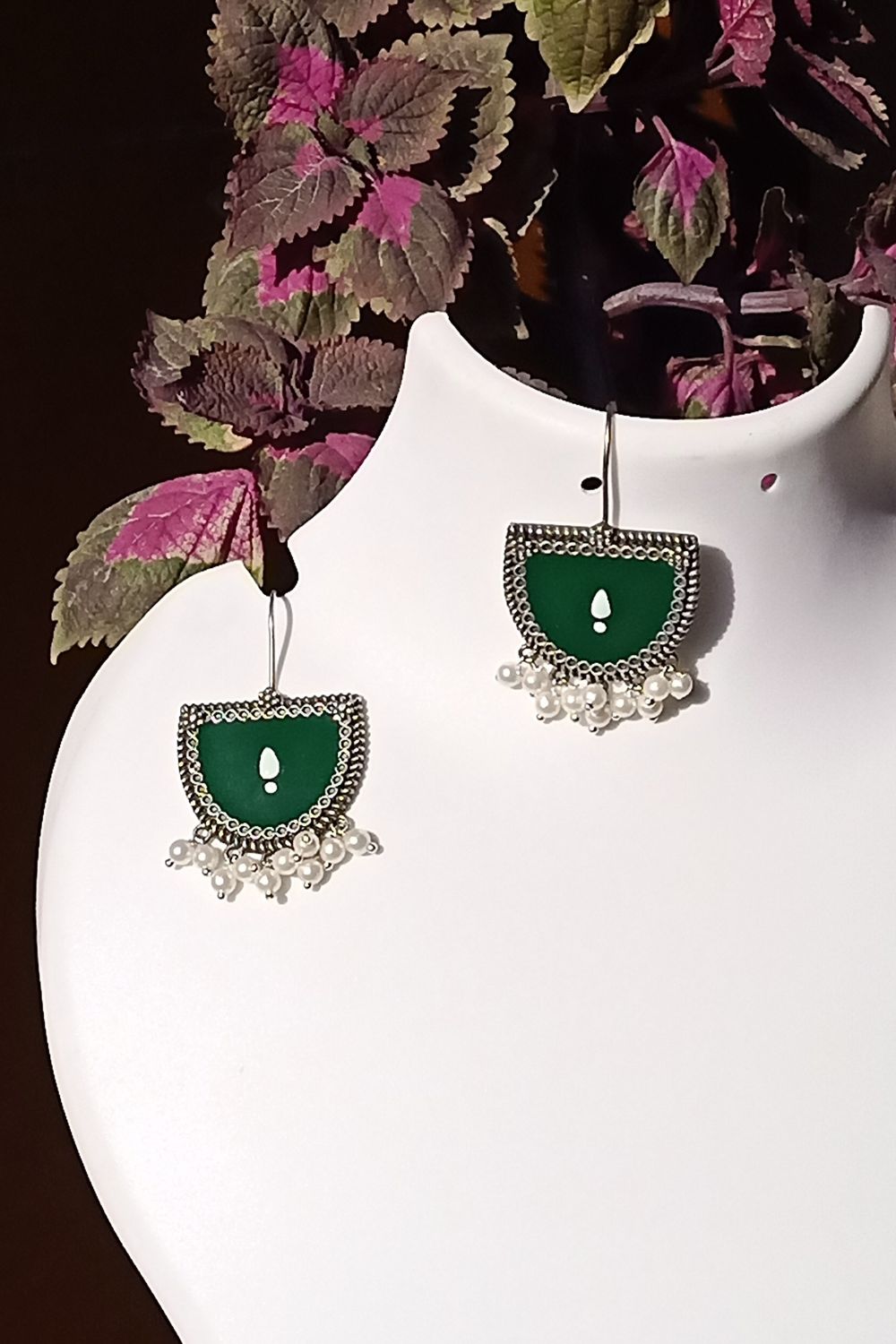 Aatmika (Green & White) - Premium Quality Oxidised Danglers (Hand Painted)