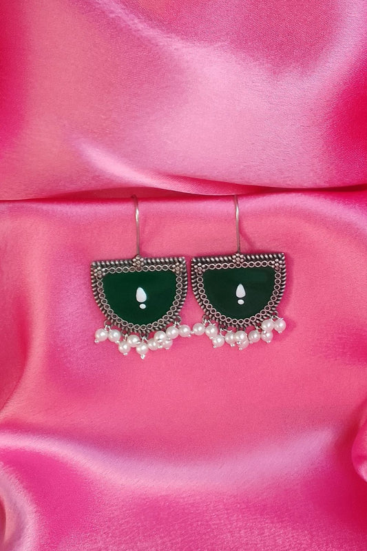 Aatmika (Green & White) - Premium Quality Oxidised Danglers (Hand Painted)