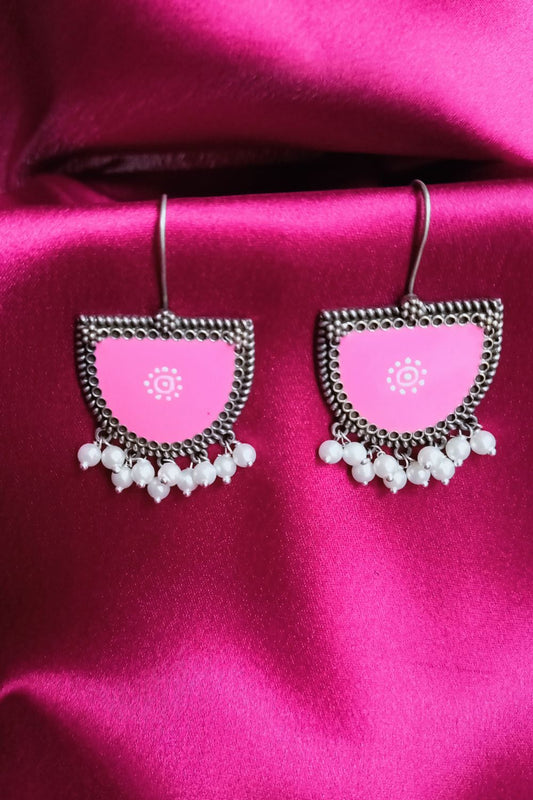 Aatmika (Pink & White) - Premium Quality Oxidised Danglers (Hand Painted)