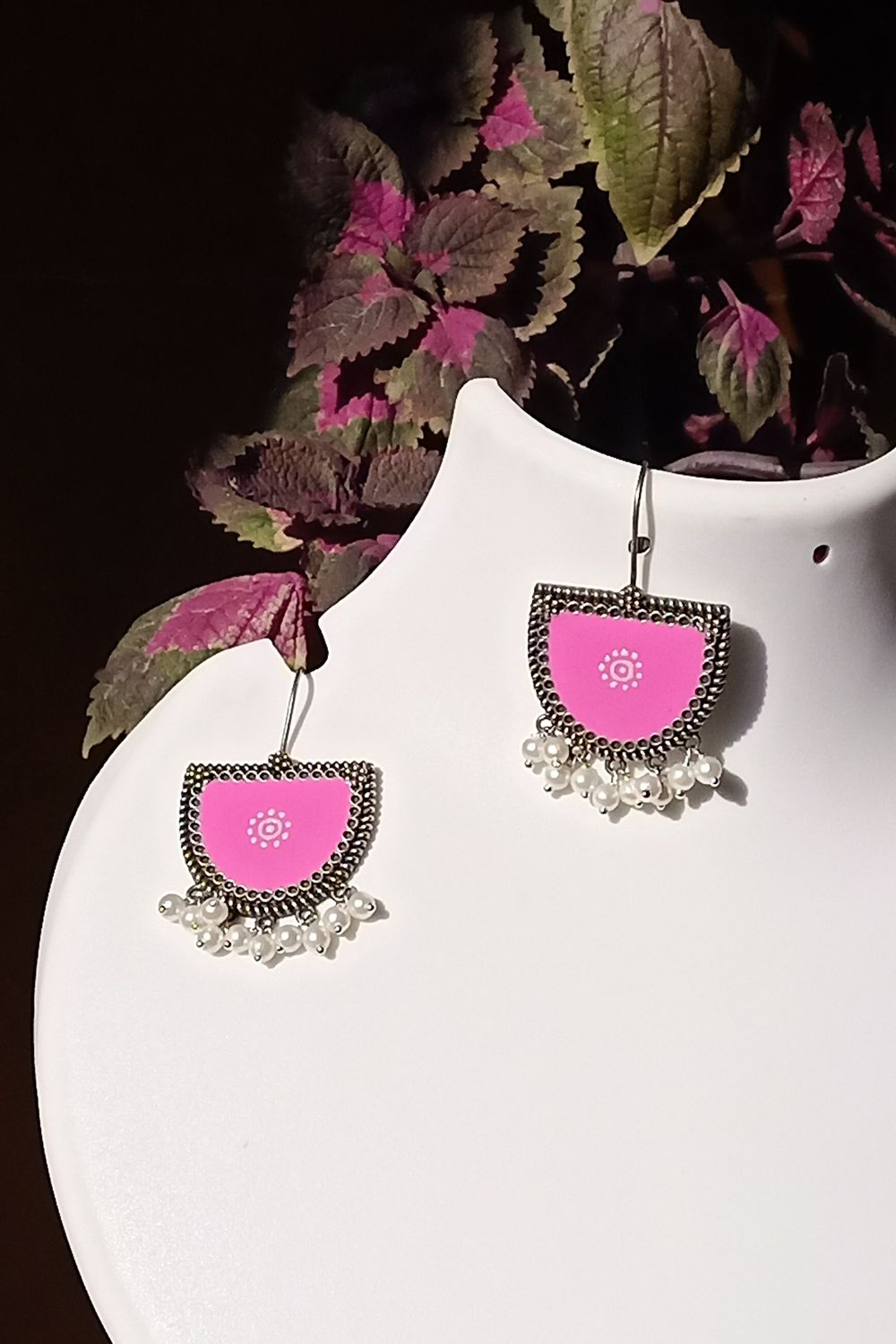 Aatmika (Pink & White) - Premium Quality Oxidised Danglers (Hand Painted)