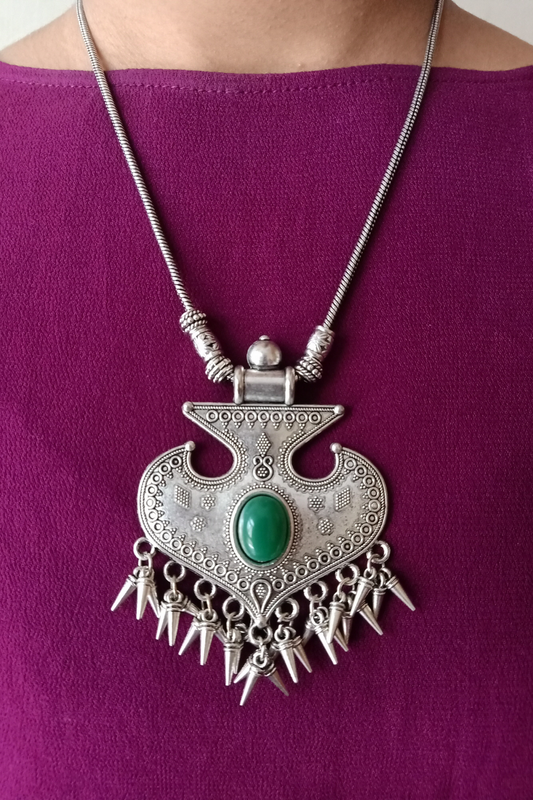 Bhumika (Green) - Medium Size Oxidised Chain Necklace with Pendant