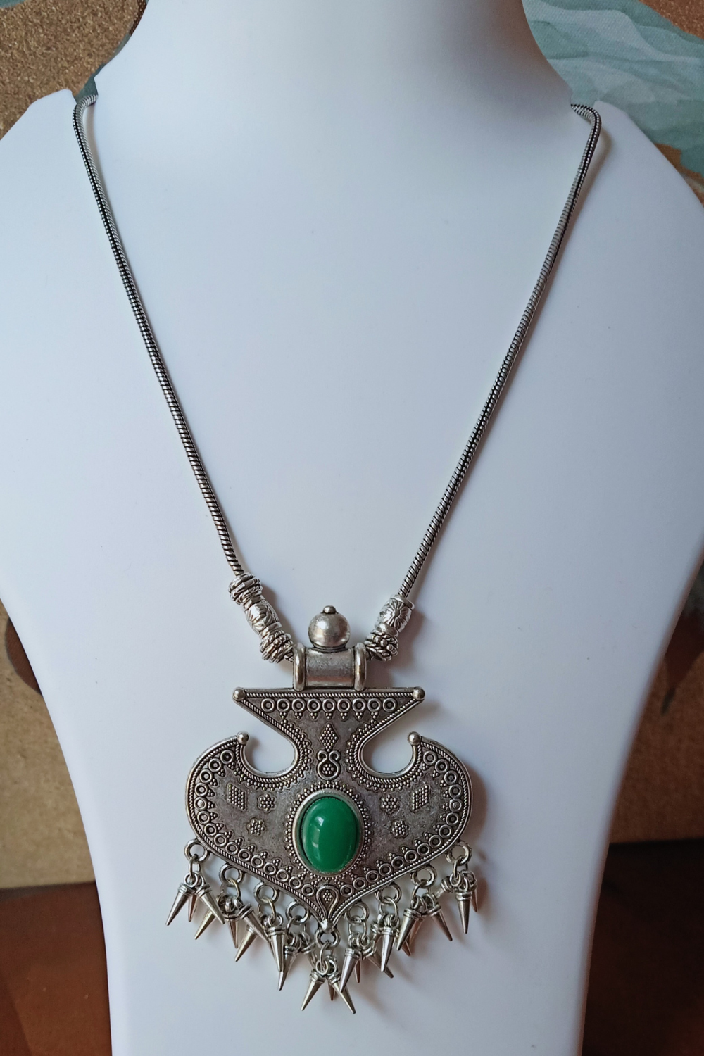 Bhumika (Green) - Medium Size Oxidised Chain Necklace with Pendant