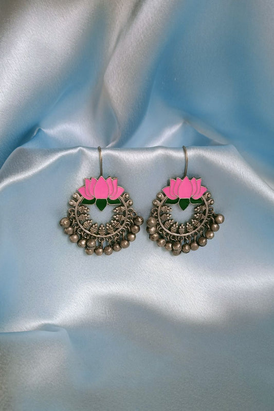 Himaani (Pink & Green) - Premium Quality Oxidised Chandbali (Hand Painted)