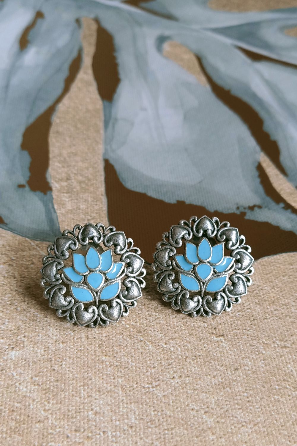 Iraa (Firozi) - Premium Quality Oxidised Stud (Hand Painted)
