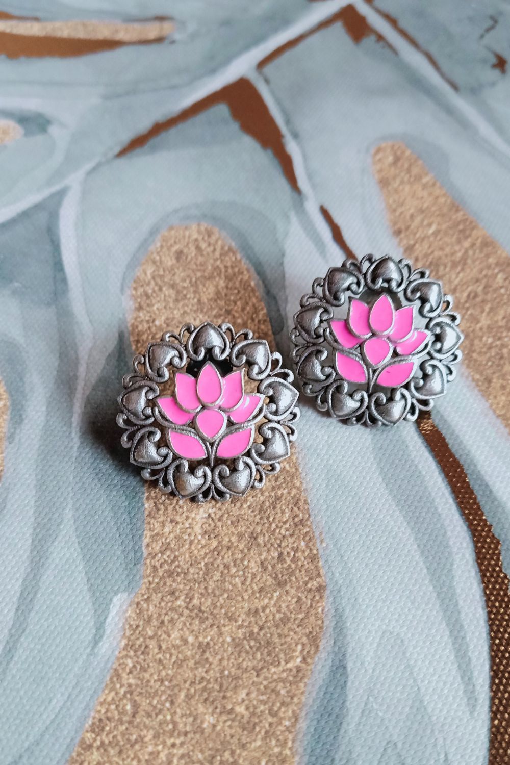 Iraa (Pink) - Premium Quality Oxidised Stud (Hand Painted)