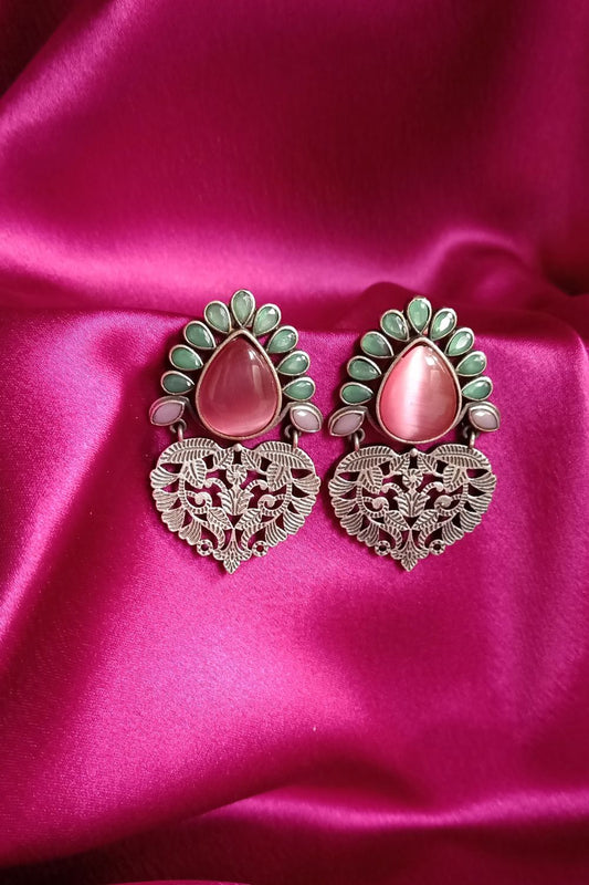Kusuma (Pink & Mint Green) - Premium Quality Oxidised Danglers