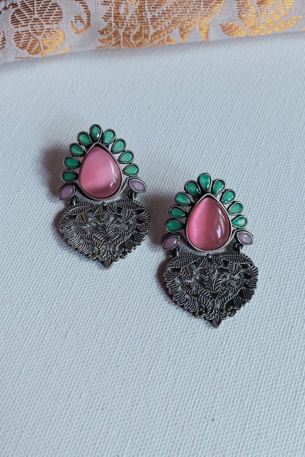 Kusuma (Pink & Mint Green) - Premium Quality Oxidised Danglers