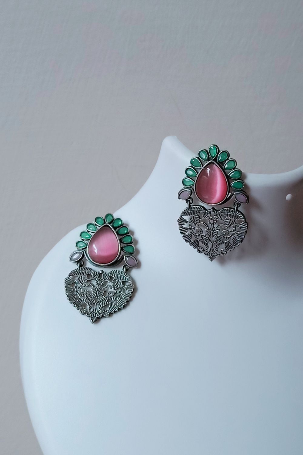 Kusuma (Pink & Mint Green) - Premium Quality Oxidised Danglers