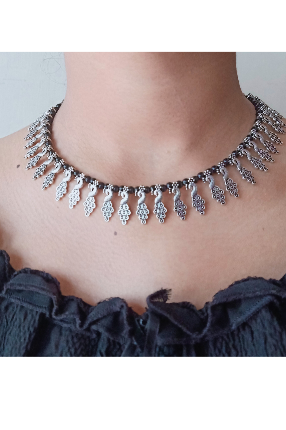 Mayuri (Black) - Oxidised Collar Necklace (Black Beads)