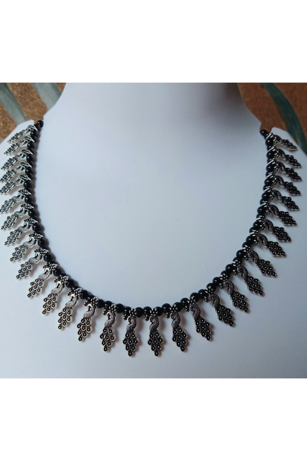 Mayuri (Black) - Oxidised Collar Necklace (Black Beads)