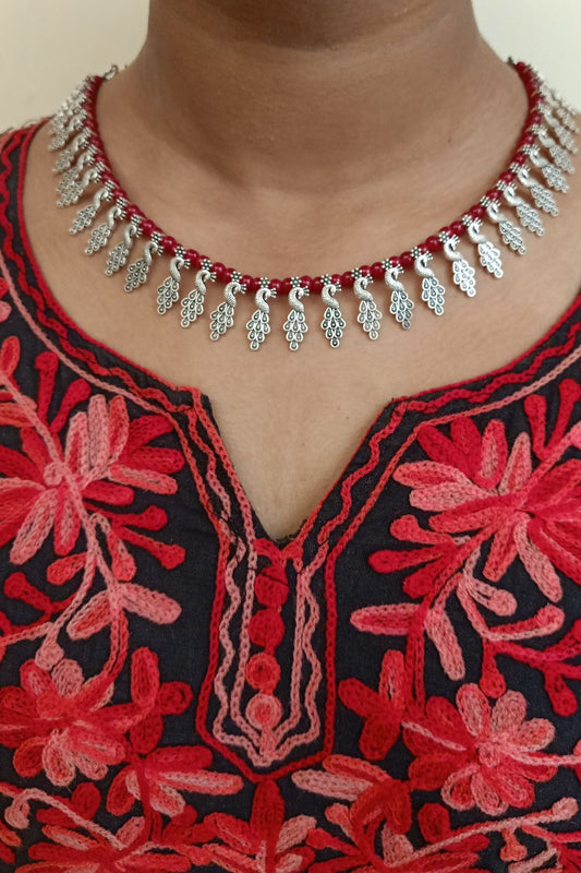 Mayuri (Red) - Oxidised Collar Necklace (Red Beads)