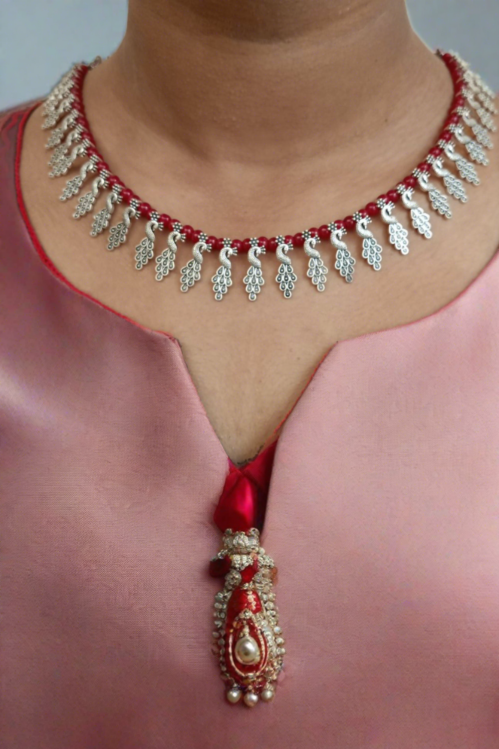 Mayuri (Red) - Oxidised Collar Necklace (Red Beads)