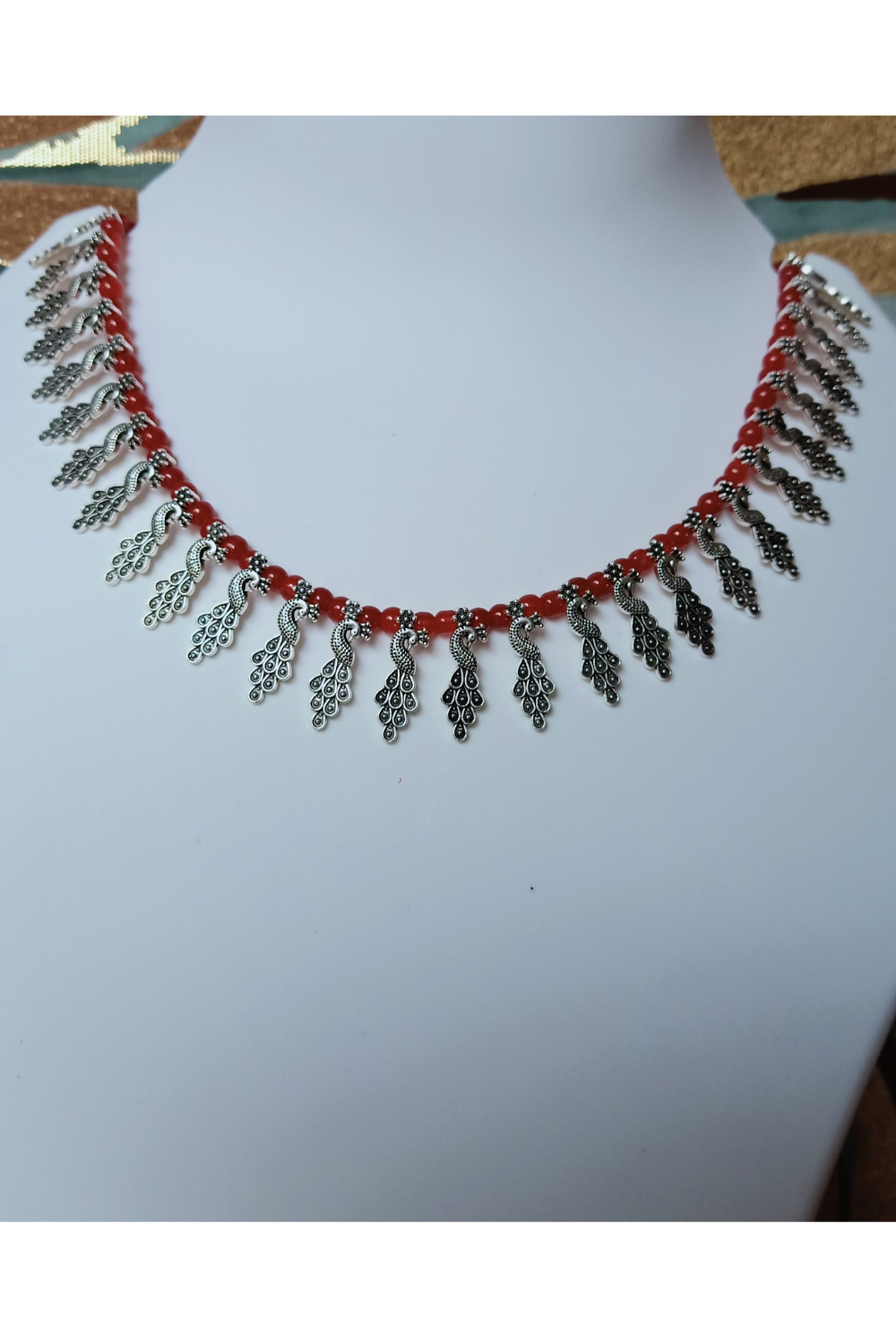 Mayuri (Red) - Oxidised Collar Necklace (Red Beads)