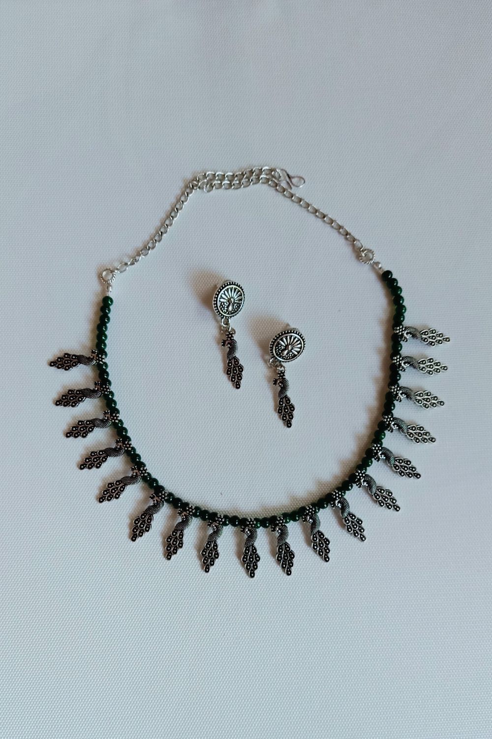 Mayuri Set (Green) - Oxidised Necklace Set (Green Beads)