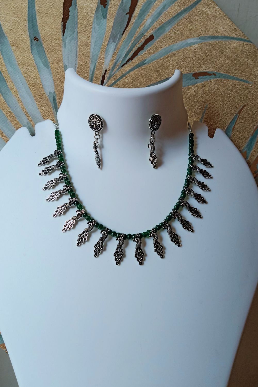 Mayuri Set (Green) - Oxidised Necklace Set (Green Beads)