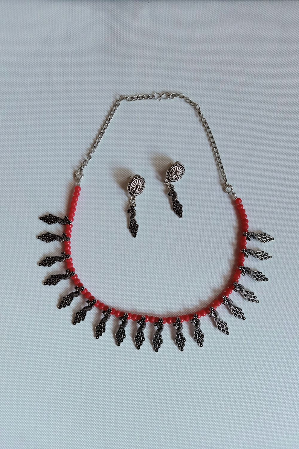 Mayuri Set (Red) - Oxidised Necklace Set (Red Beads)