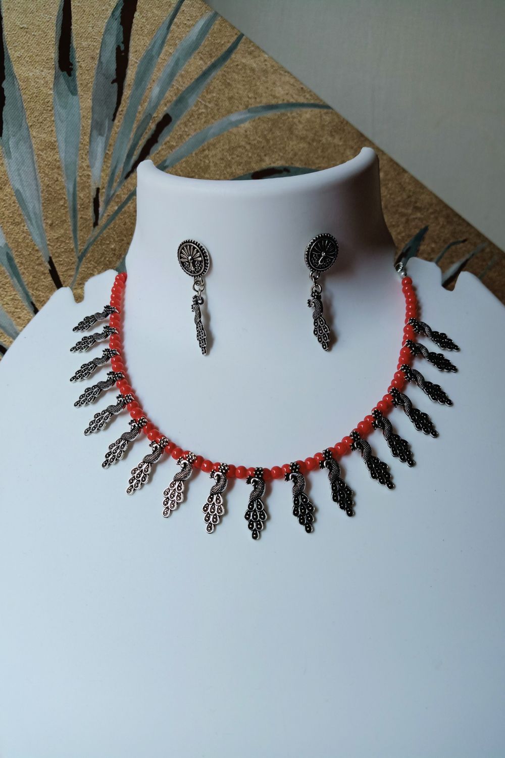 Mayuri Set (Red) - Oxidised Necklace Set (Red Beads)