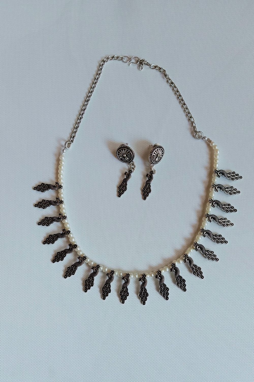 Mayuri Set (White) - Oxidised Necklace Set (White Beads)